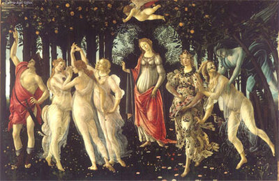 Primavera (1478): icon of the springtime renewal of the Florentine Renaissance, also at the Medici villa at Castello, as a kind of pendant to the Birth of Venus. Left to right: Mercury, the Three Graces, Venus, Flora, Chloris, Zephyrus. Notice the Venus figure at center resembles a madonna, hence the neoplatonic fusion of pagan and Christian.