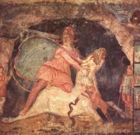 Mithra and the Bull: This fresco from the Mithraeum at Dura Europos (late 2nd–early 3rd century) shows the tauroctony and the celestial lining of Mithras' cape