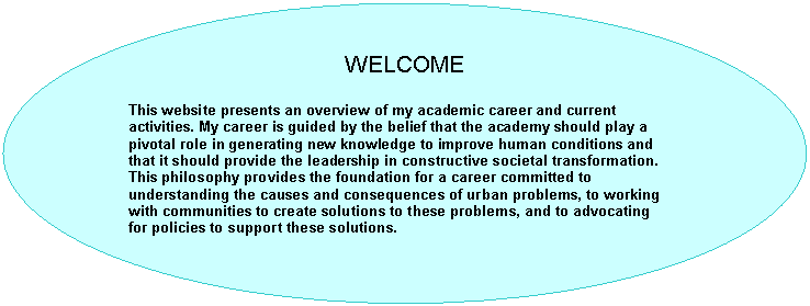 Oval: WELCOME

This website presents an overview of my academic career and current activities. My career is guided by the belief that the academy should play a pivotal role in generating new knowledge to improve human conditions and that it should provide the leadership in constructive societal transformation. This philosophy provides the foundation for a career committed to understanding the causes and consequences of urban problems, to working with communities to create solutions to these problems, and to advocating for policies to support these solutions.

