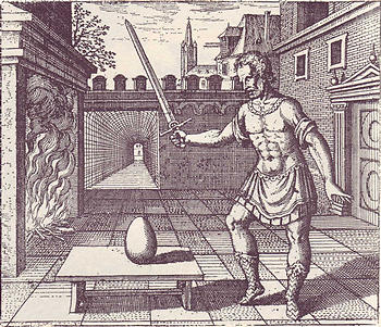 Emblem no. 8 from Atalanta Fugiens: 'Take the egg and pierce it with a fiery sword.'