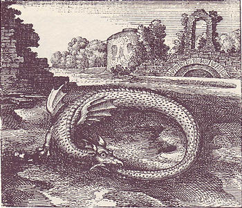 Emblem no. 14 from Atalanta Fugiens: 'This is the dragon which devours its own tail.'