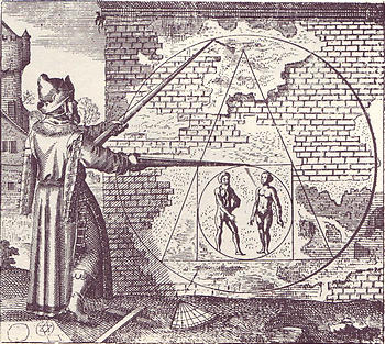 Emblem no. 21 from Atalanta Fugiens: 'Make a circle out of a man and a woman, out of this a square, out of this a triangle, make a circle and you will have the Philosopher's Stone.'
