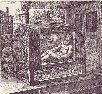 Emblem no. 28 from Atalanta Fugiens: 'The King is bathed, sitting in a steam-bath/and he is freed from the black bile...'