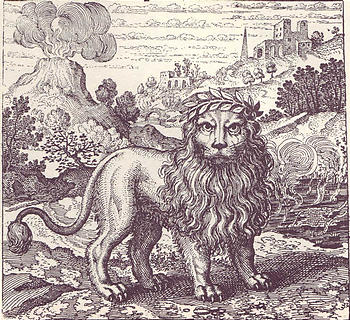 Emblem no. 37 from Atalanta Fugiens: 'Three things are sufficient for mastery; white smoke, that is water, the green Lion, that is, the ore of Hermes, and stinking water.'