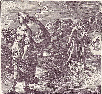 Emblem no. 42 from Atalanta Fugiens: 'May Nature, Reason, Exercise and Literature be the guide, staff, spectacles and lamp for him who participates in chemistry.'