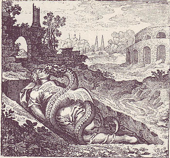Emblem no. 50 from Atalanta Fugiens: 'The Dragon kills the woman, and she kills it, and together they bathe in the blood.'